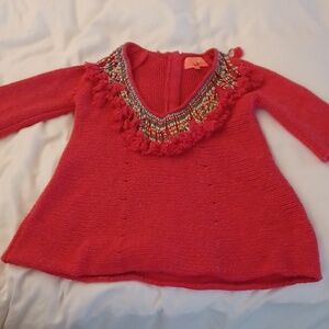 Manoush Wool Beaded Fringe Neck Half Sleeve Pink/Red Knit Pullover Sweater Small